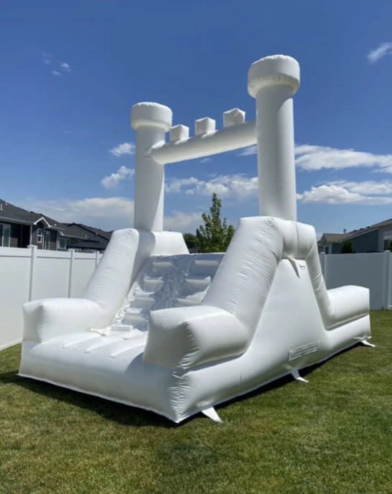 Dreamy Royal inflatable slide and ball pit, angled view